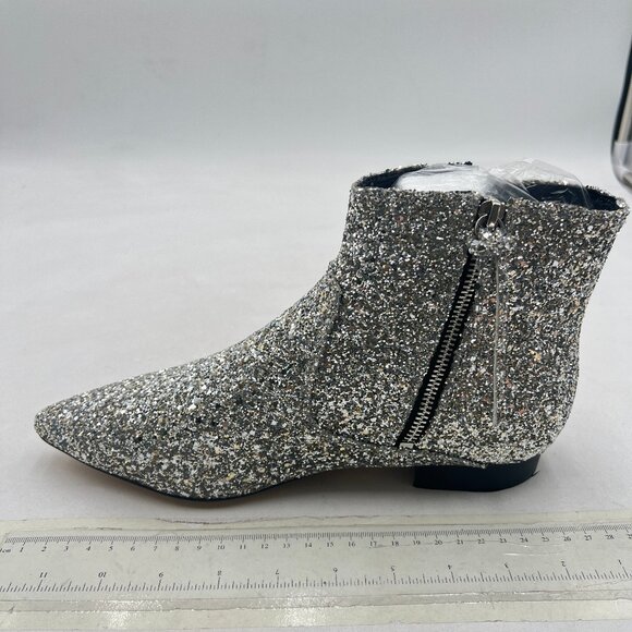 XYD Silver Glitter Pointed Toe Ankle Boots Low Heel Double Side Zippers Shoe - Picture 2 of 8